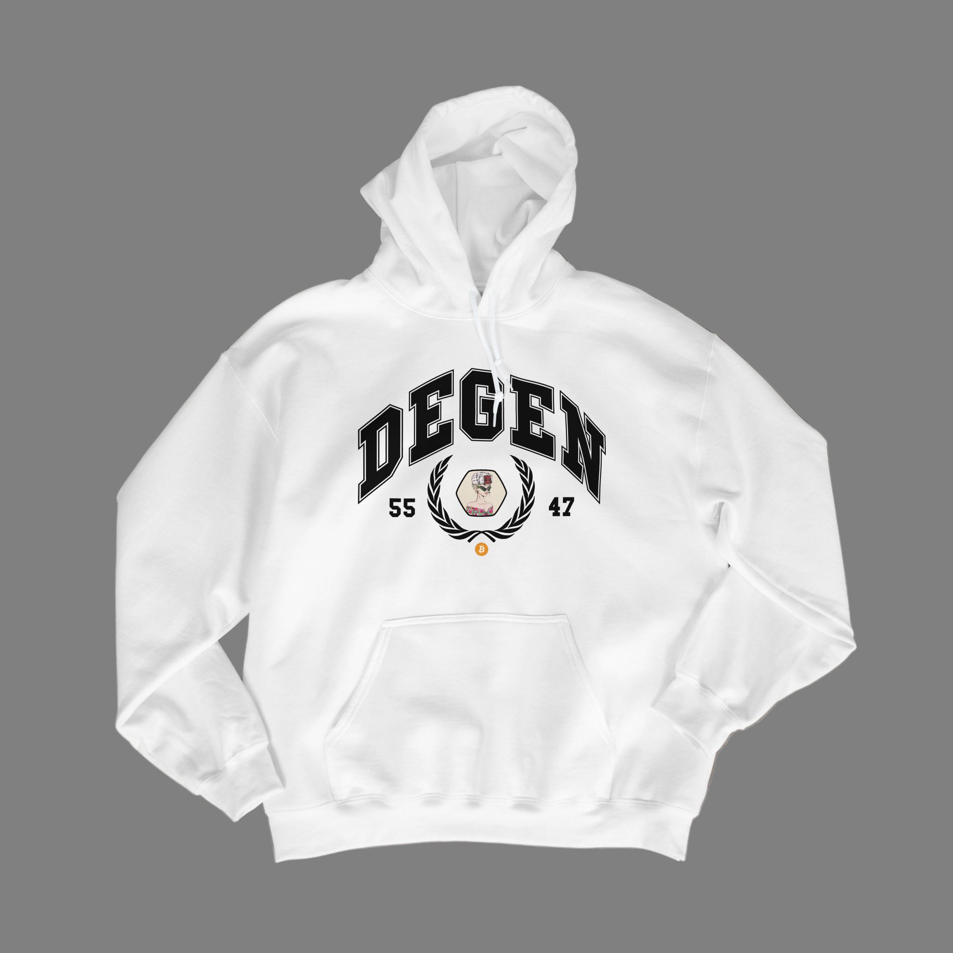 White hoodie with 'DEGEN' logo sporting unique NFT art center and bitcoin badge below, on a gray background