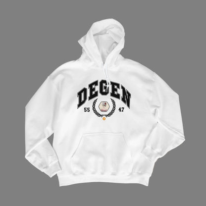 White hoodie with 'DEGEN' logo sporting unique NFT art center and bitcoin badge below, on a gray background