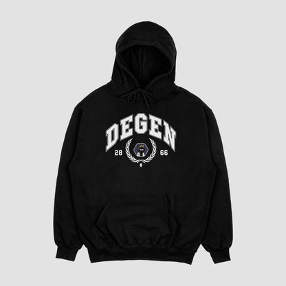 Black hoodie with 'DEGEN' logo sporting unique NFT art center and ethereum badge below, on a white background