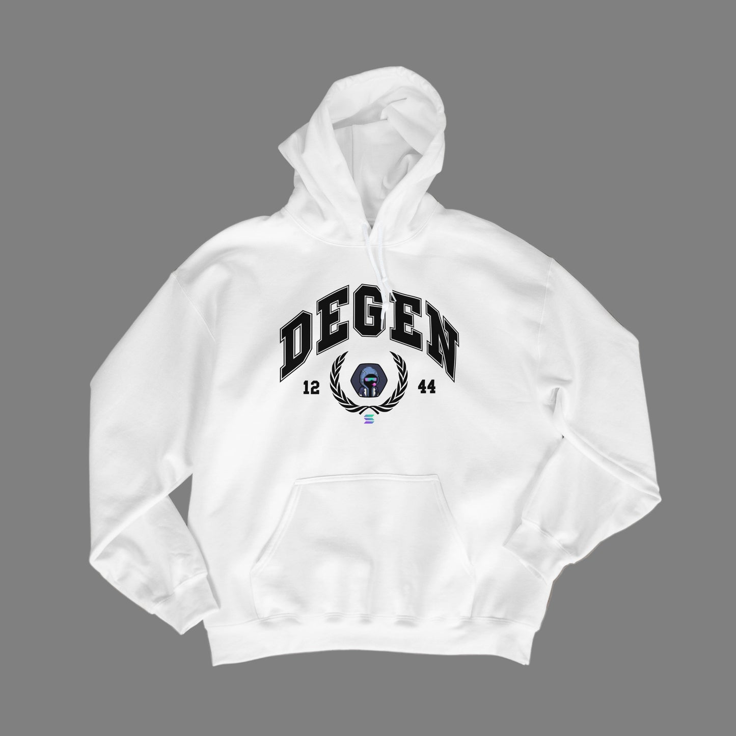 White hoodie with 'DEGEN' logo sporting unique NFT art center and solana badge below, on a gray background
