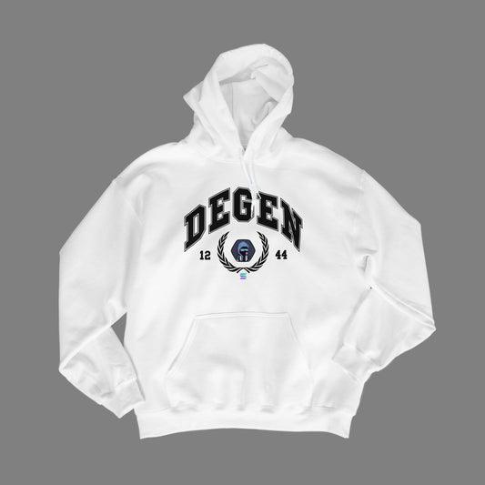 White hoodie with 'DEGEN' logo sporting unique NFT art center and solana badge below, on a gray background